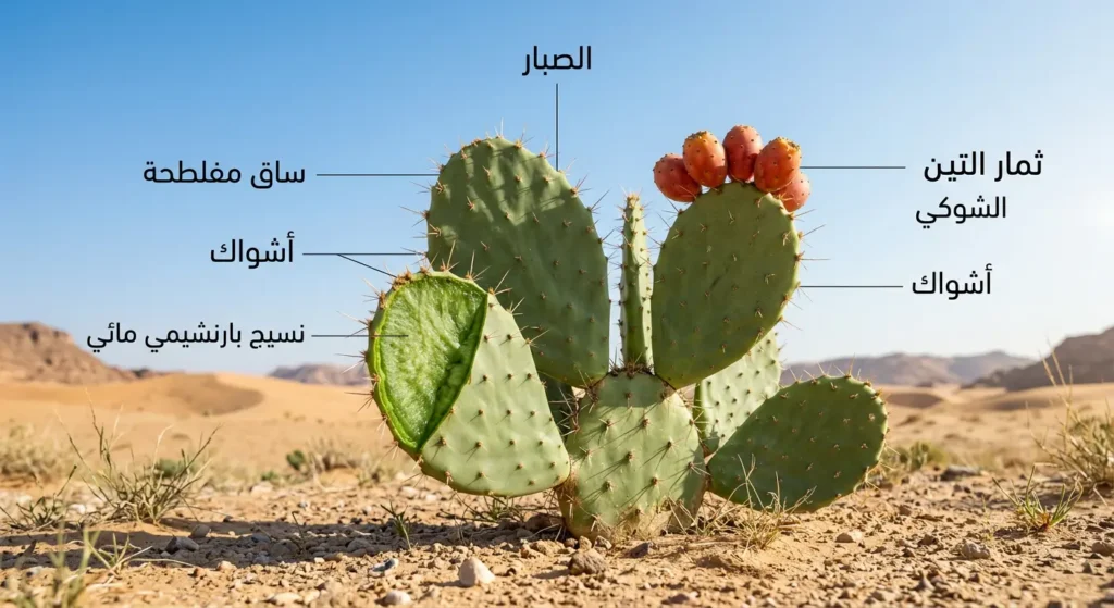 صورة مقرّبة واقعية لنبات الصبار في بيئة صحراوية عربية تُظهر الساق المفلطحة والأشواك والنسيج البارنشيمي المائي الداخلي وثمار التين الشوكي