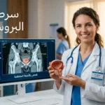 غلاف مقالة طبية عن سرطان البروستاتا يظهر طبيبة تحمل نموذجاً تشريحياً للبروستاتا مع شاشة تشخيصية في الخلفية