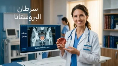 غلاف مقالة طبية عن سرطان البروستاتا يظهر طبيبة تحمل نموذجاً تشريحياً للبروستاتا مع شاشة تشخيصية في الخلفية