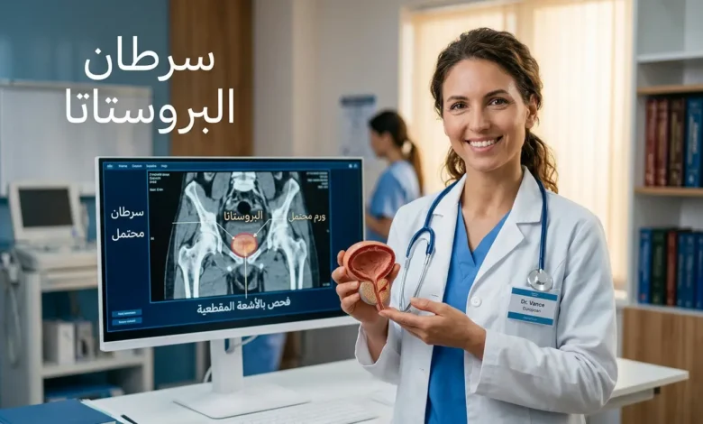 غلاف مقالة طبية عن سرطان البروستاتا يظهر طبيبة تحمل نموذجاً تشريحياً للبروستاتا مع شاشة تشخيصية في الخلفية