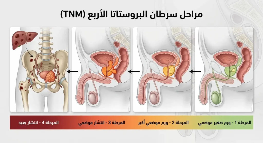 رسم توضيحي للمراحل الأربع لسرطان البروستاتا من الموضعي إلى المنتشر