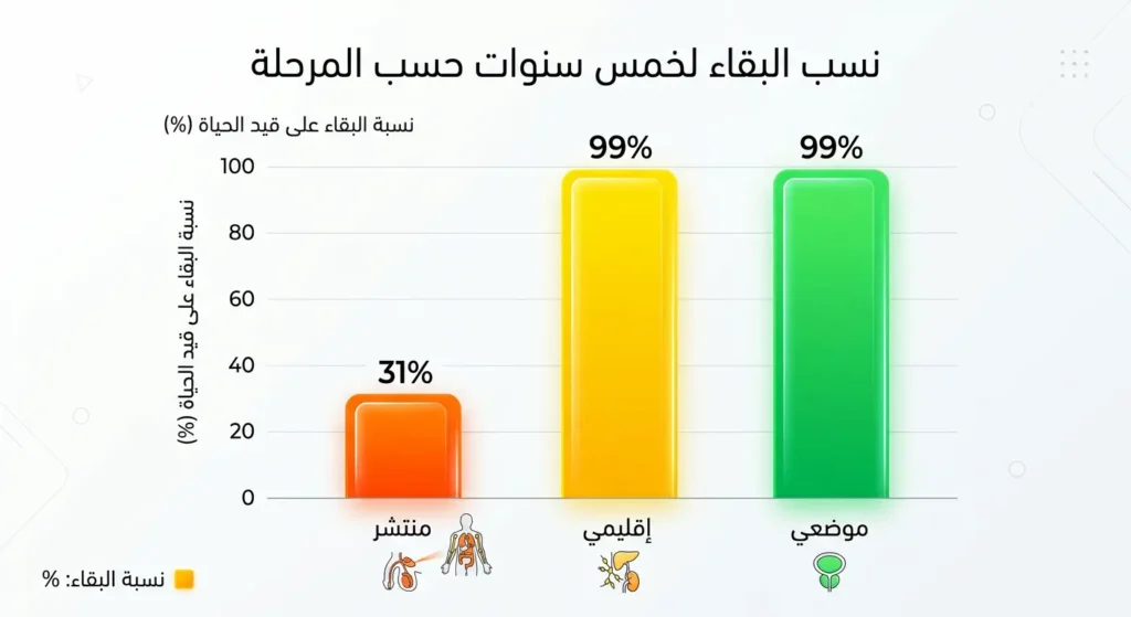  رسم بياني يوضح نسب البقاء لخمس سنوات لسرطان البروستاتا حسب المرحلة: 99% للموضعي و99% للإقليمي و31% للمنتشر