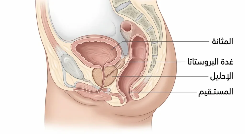 رسم تشريحي يوضح موقع غدة البروستاتا أسفل المثانة ومحيطة بالإحليل وأمام المستقيم
