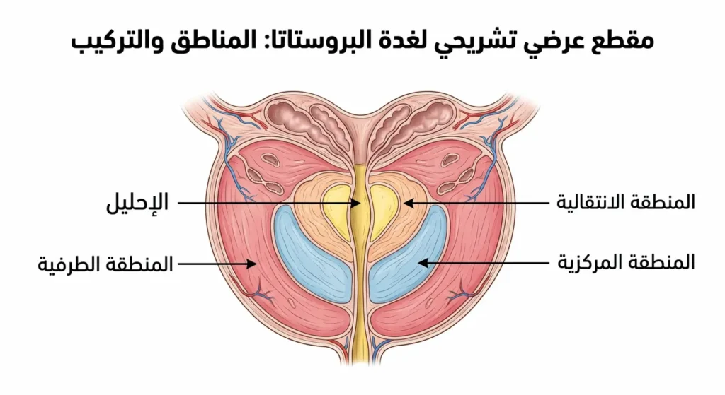 مقطع عرضي في غدة البروستاتا يُظهر المنطقة الطرفية والانتقالية والمركزية والإحليل