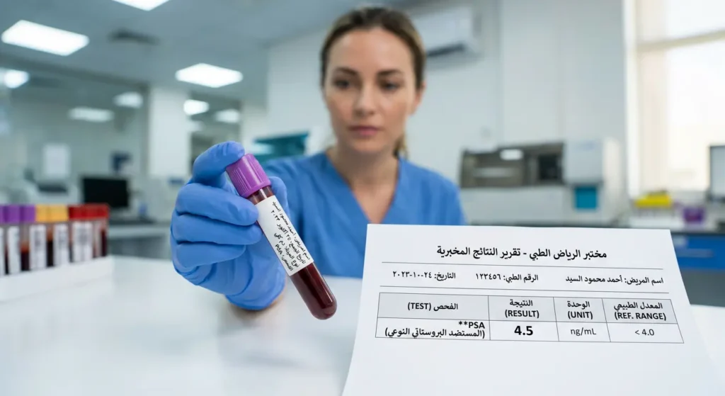 أنبوب عينة دم لتحليل PSA مع ورقة نتائج مختبرية