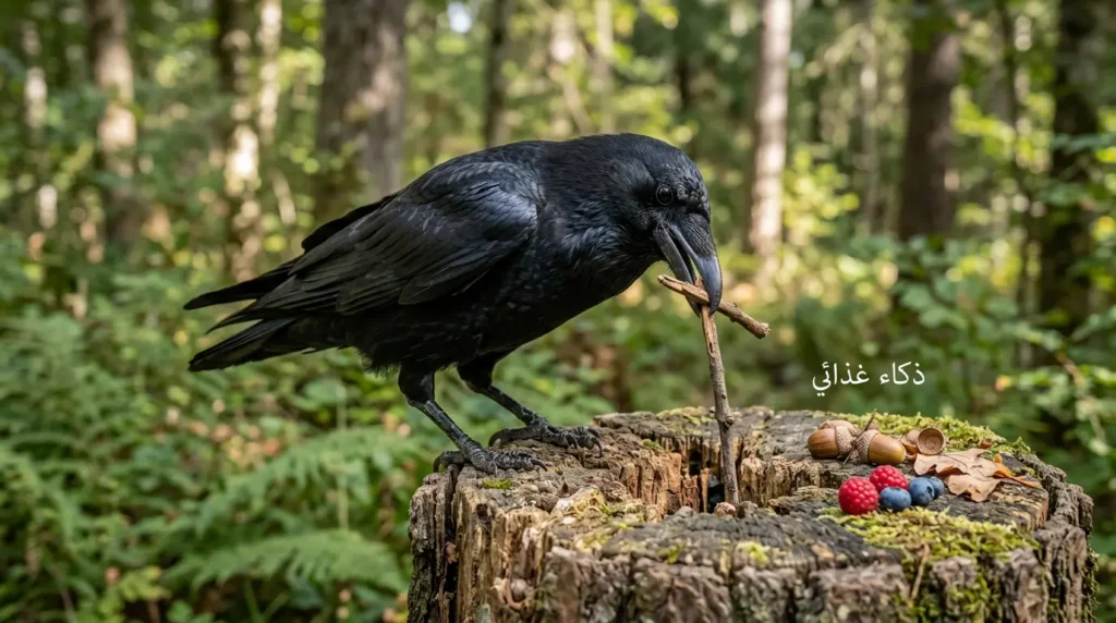 غراب أسود يقف على جذع شجرة ويستخدم غصناً صغيراً كأداة لاستخراج حشرة، وبجانبه بعض البذور.