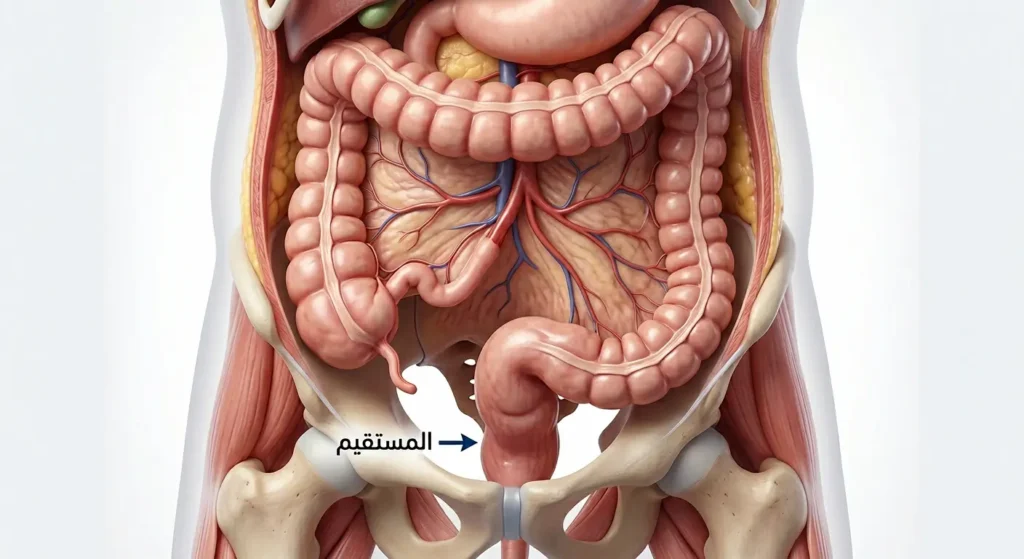  التشريح الطبي لموقع المستقيم في الأمعاء الغليظة.