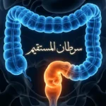 تصميم طبي يوضح موقع سرطان المستقيم في الجهاز الهضمي.