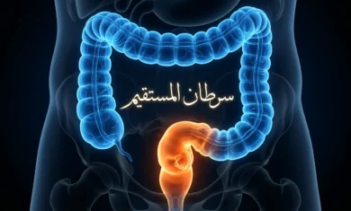 تصميم طبي يوضح موقع سرطان المستقيم في الجهاز الهضمي.