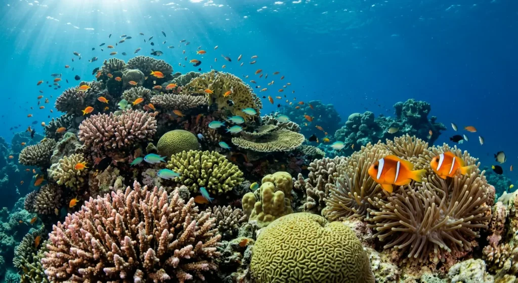 شعاب مرجانية حية ملونة في البحر الأحمر مع أسماك مهرج تعيش داخل شقائق النعمان وأسماك استوائية تسبح حول المرجان