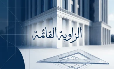 غلاف مقالة الزاوية القائمة يُظهر مبنى حديثاً بزوايا قائمة واضحة مع مثلث هندسي شفاف فوق مخطط معماري