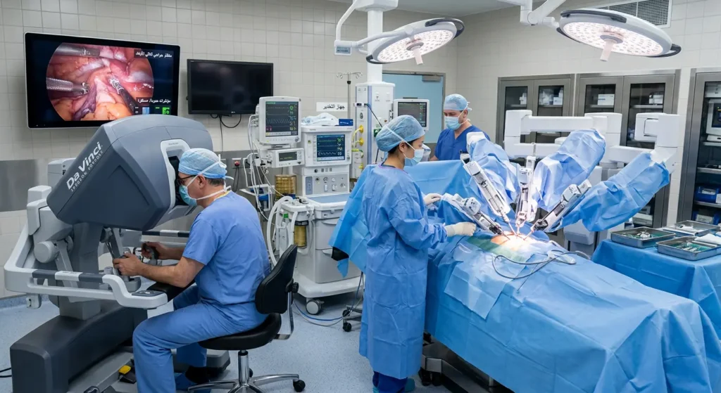 نظام الجراحة الروبوتية دافنشي في غرفة عمليات حديثة مع جراح يتحكم بالأذرع الروبوتية