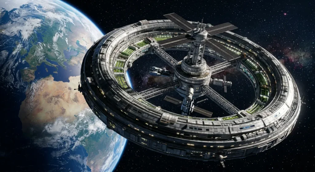 تصوير واقعي لمحطة فضائية دوّارة حلقية الشكل في مدار حول الأرض تستخدم الدوران لتوليد جاذبية اصطناعية بقوة الطرد المركزي