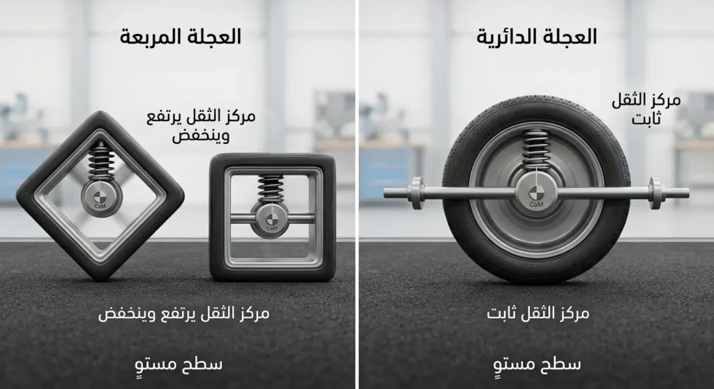 مقارنة واقعية بين عجلة دائرية وعجلة مربعة على سطح مستوٍ توضح ثبات مركز الثقل في الأولى واهتزازه في الثانية