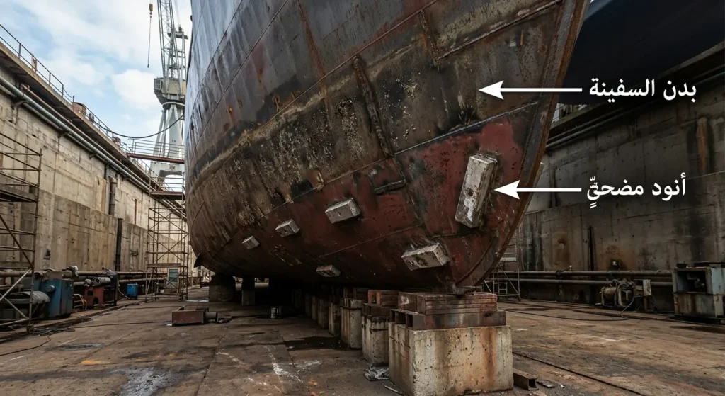  أنودات مضحية مثبتة على بدن سفينة معدنية في حوض صيانة جاف لحمايتها من التآكل