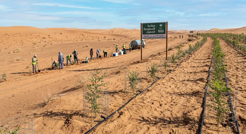 صورة واقعية لمشروع تشجير صحراوي ضمن مبادرة السعودية الخضراء تُظهر صفوفاً من شتلات الأشجار الصحراوية المزروعة حديثاً مع أنظمة ري بالتنقيط