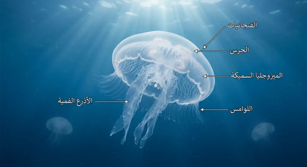 قنديل بحر حقيقي من الفنجانيات يطفو في البحر مع توضيح الجرس والأذرع الفمية واللوامس والميزوجليا السميكة