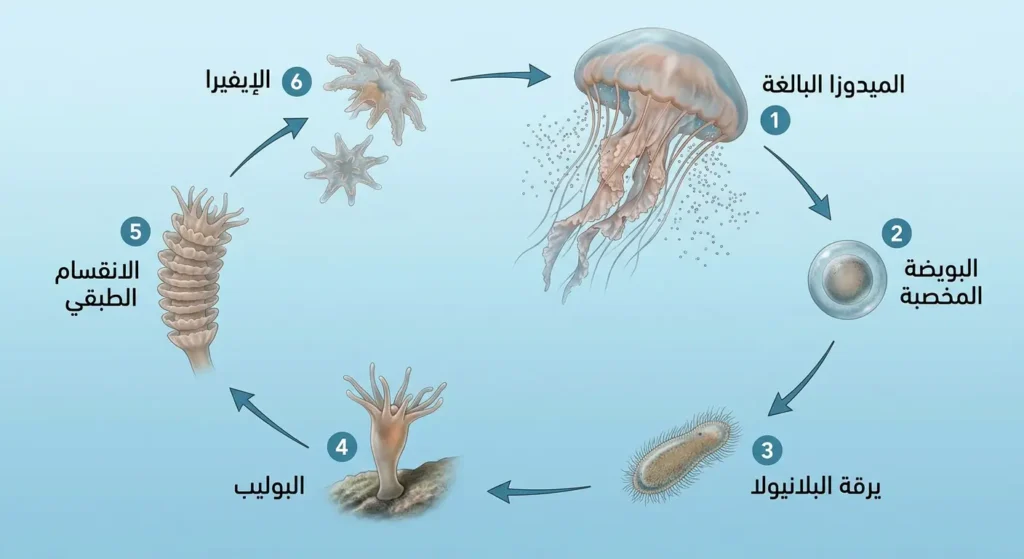 مخطط دورة حياة قنديل البحر الفنجاني يُظهر ست مراحل: الميدوزا البالغة والبويضة المخصبة ويرقة البلانيولا والبوليب والانقسام الطبقي والإيفيرا