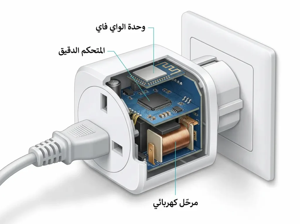 مقطع توضيحي للبنية الداخلية لمقبس ذكي يُظهر وحدة الواي فاي والمتحكم الدقيق والمرحّل الكهربائي
