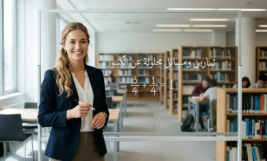صورة توضيحية لغلاف مقالة تمارين ومسائل محلولة عن الكسور تظهر بيئة دراسية عصرية ومعادلات رياضية مبسطة.