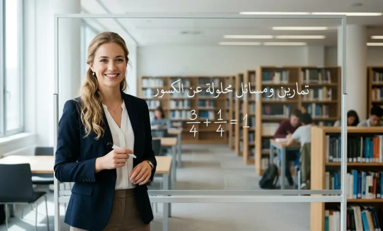 صورة توضيحية لغلاف مقالة تمارين ومسائل محلولة عن الكسور تظهر بيئة دراسية عصرية ومعادلات رياضية مبسطة.