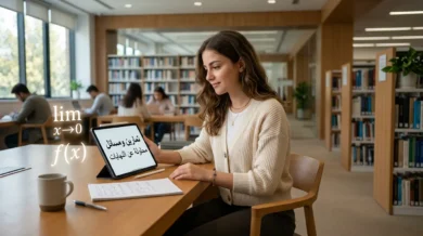 فتاة تدرس تمارين ومسائل محلولة عن النهايات في الرياضيات