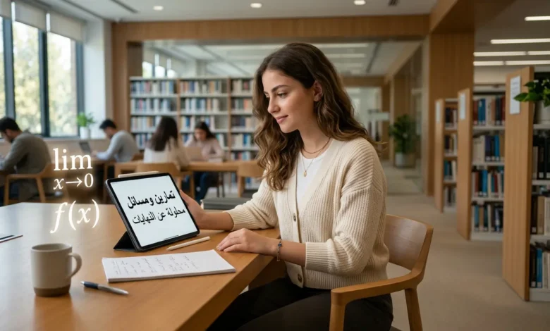 فتاة تدرس تمارين ومسائل محلولة عن النهايات في الرياضيات