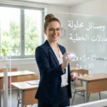 فتاة جميلة تشرح تمارين ومسائل محلولة عن المعادلات الخطية على لوح زجاجي ذكي.