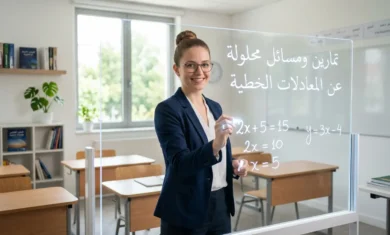 فتاة جميلة تشرح تمارين ومسائل محلولة عن المعادلات الخطية على لوح زجاجي ذكي.
