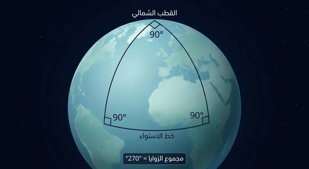 مثلث كروي على سطح الكرة الأرضية بثلاث زوايا قائمة يبلغ مجموعها 270 درجة