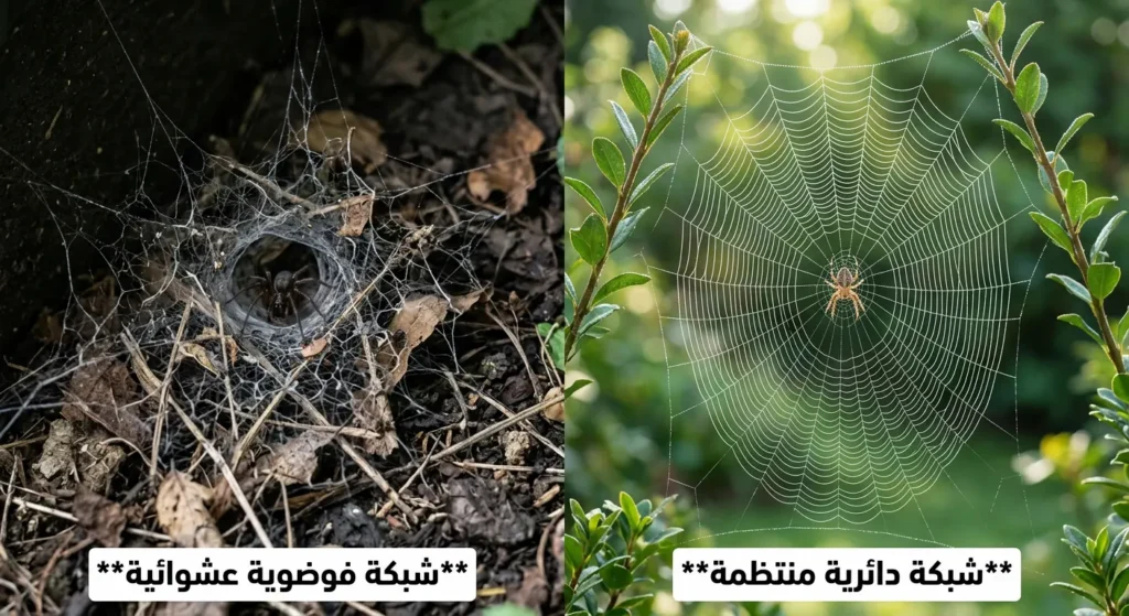 صورة مقارنة توضيحية بين شبكة عنكبوت دائرية منتظمة وشبكة فوضوية عشوائية لتمييز الأنواع