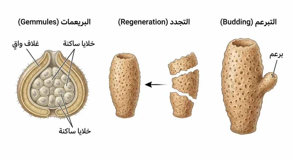 رسم توضيحي علمي يُظهر طرق التكاثر اللاجنسي الثلاث في الإسفنجيات: التبرعم والتجدد والبريعمات