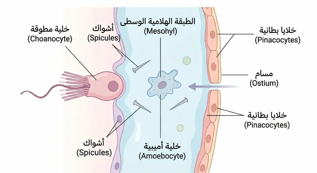  مخطط علمي توضيحي لمقطع عرضي في جدار جسم الإسفنج يُظهر أنواع الخلايا الرئيسة وطبقات الجسم الثلاث