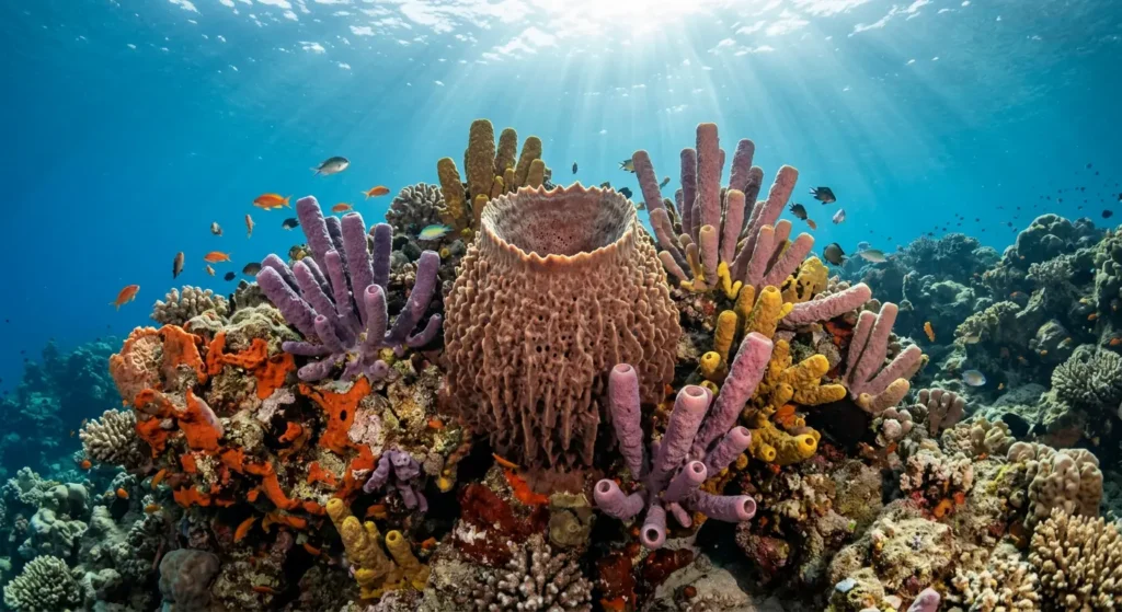 صورة واقعية تحت مائية لمجتمع كثيف من الإسفنجيات المتنوعة على شعاب صخرية في مياه استوائية صافية تُبرز دورها في تنقية المياه