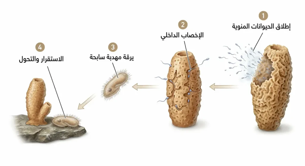 مخطط علمي يوضح مراحل دورة التكاثر الجنسي في الإسفنجيات من إطلاق الحيوانات المنوية حتى استقرار اليرقة وتحولها