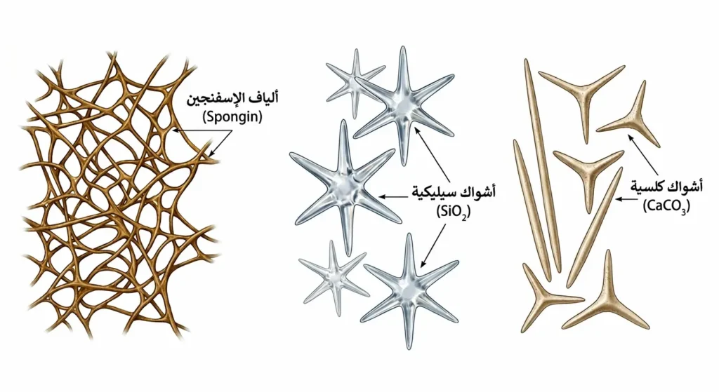 رسم توضيحي علمي يُقارن بين ثلاثة أنواع من الهياكل الداعمة للإسفنجيات: أشواك كلسية وأشواك سيليكية وألياف الإسفنجين
