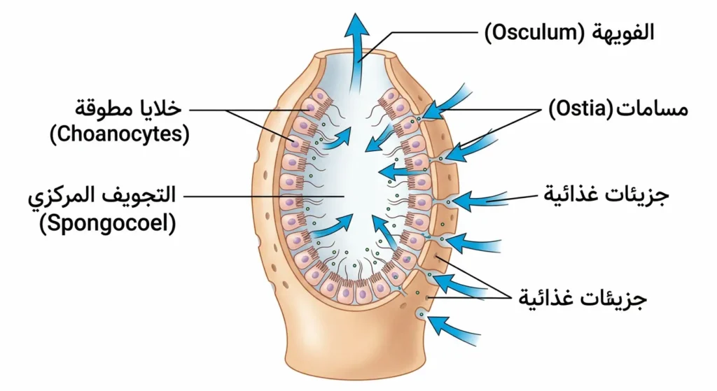  مخطط علمي يوضح آلية الترشيح المائي في الإسفنج مع مسار تدفق الماء عبر المسامات والتجويف المركزي حتى الفويهة