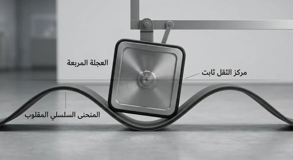 عجلة مربعة تسير على طريق مكوّن من منحنيات سلسلية مقلوبة مع بقاء مركز الثقل ثابتاً