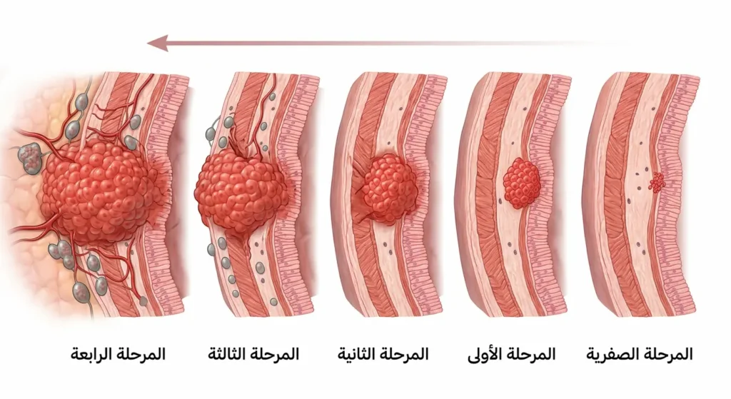 رسم توضيحي لمراحل تطور سرطان المستقيم في جدار الأمعاء.