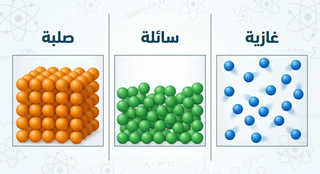 مقارنة علمية واقعية بين الحالة الغازية والسائلة والصلبة على مستوى الجزيئات