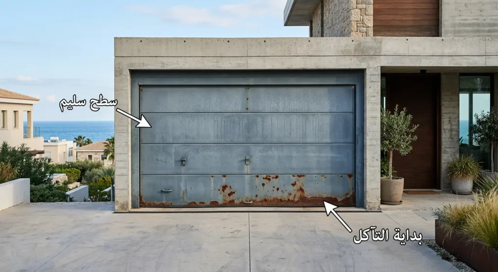 باب مرآب فولاذي يظهر عليه تآكل وصدأ عند الحواف السفلية بسبب الرطوبة والملوحة الساحلية