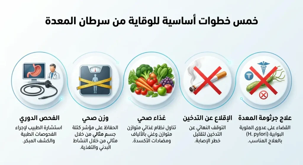 رسم توضيحي يُظهر خمس خطوات للوقاية من سرطان المعدة