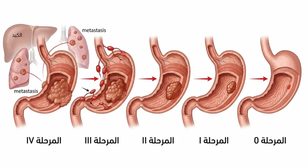  رسم توضيحي يُظهر المراحل الخمس لسرطان المعدة من المرحلة صفر إلى المرحلة الرابعة