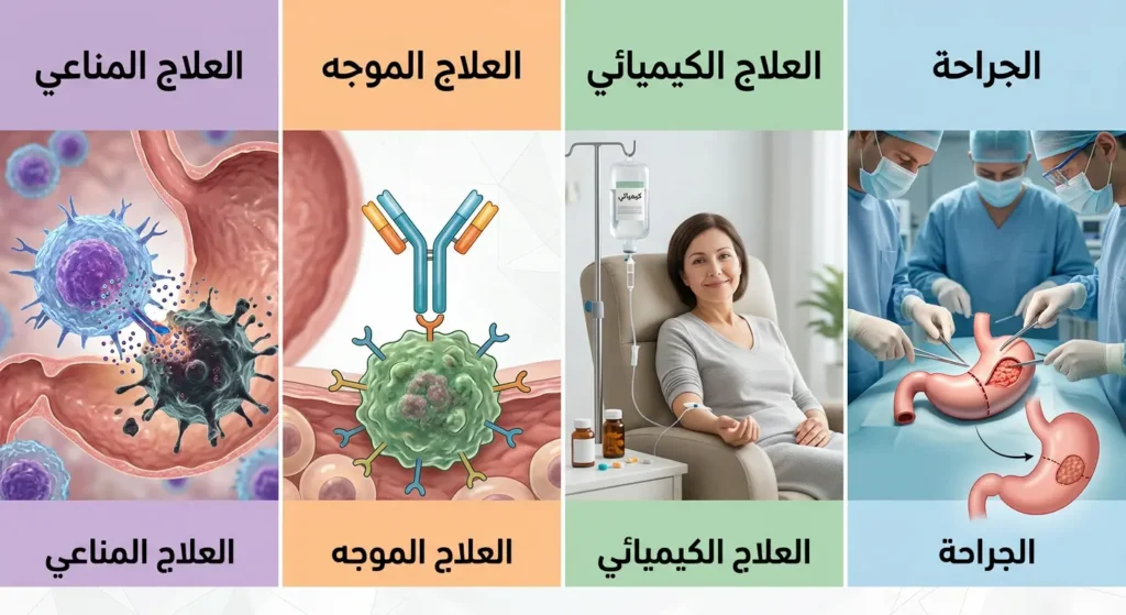رسم توضيحي يُظهر الخيارات العلاجية الأربعة لسرطان المعدة: الجراحة والكيميائي والموجه والمناعي