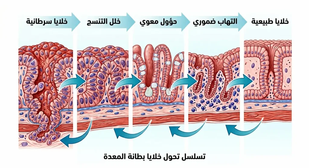  رسم توضيحي يُظهر مراحل تحول خلايا المعدة من طبيعية إلى سرطانية عبر مراحل الالتهاب الضموري والحؤول المعوي وخلل التنسج