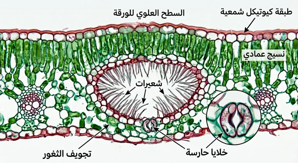 مقطع مجهري واقعي لورقة نبات الدفلى الصحراوي يُظهر تجويف الثغور المحمي بالشعيرات والطبقة الشمعية السميكة والنسيج العمادي