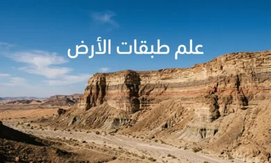 غلاف مقال علم طبقات الأرض يظهر جرفاً صخرياً طبيعياً بطبقات رسوبية ملونة متعاقبة في بيئة صحراوية