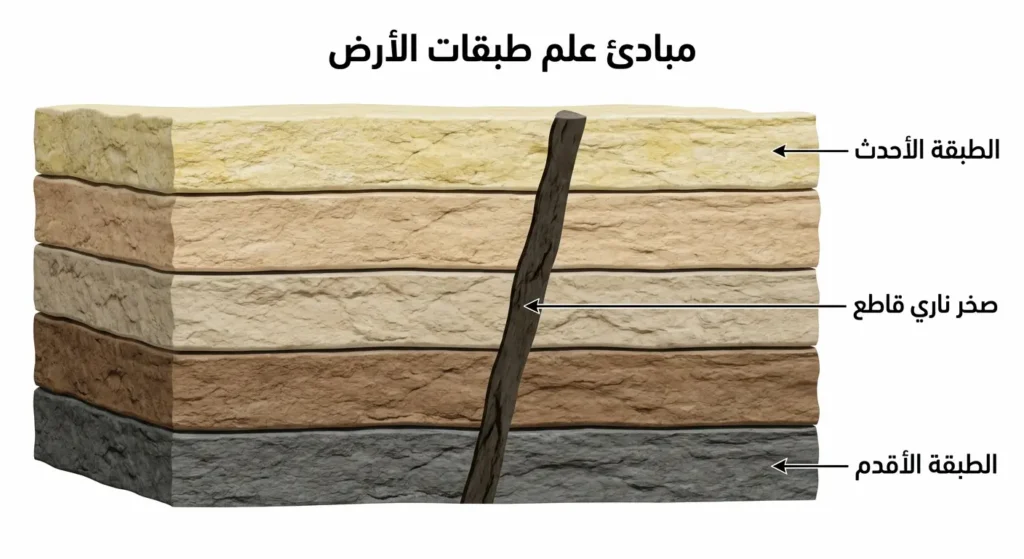 رسم توضيحي لمبادئ علم طبقات الأرض يُظهر خمس طبقات رسوبية متراكبة من الأقدم في الأسفل إلى الأحدث في الأعلى مع صخر ناري قاطع يخترقها عمودياً
