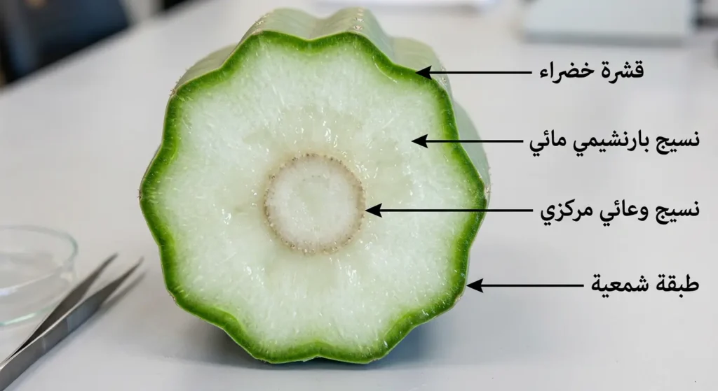 مقطع عرضي واقعي لساق صبار عصاري يُظهر التركيب الداخلي بما في ذلك النسيج البارنشيمي المائي والقشرة الخضراء والنسيج الوعائي والطبقة الشمعية