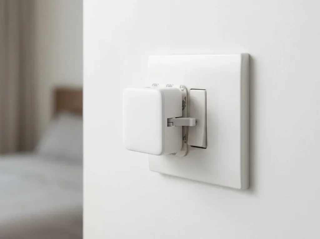  جهاز SwitchBot Bot صغير ملصق على مفتاح إنارة جداري وذراعه الميكانيكية تضغط على زر المفتاح